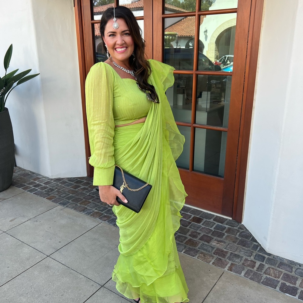 Elegant Lime Green Off-Shoulder Dress Sari